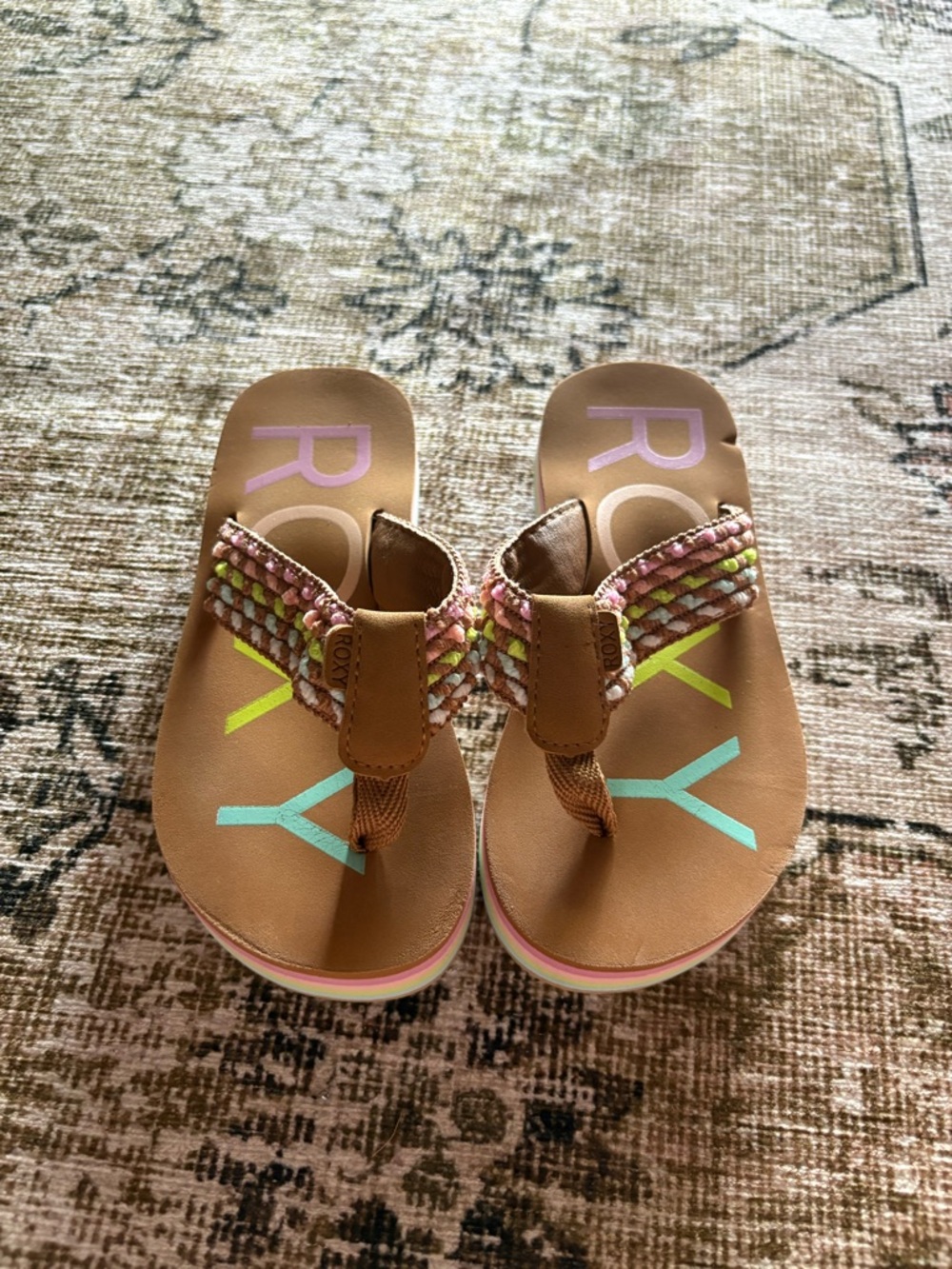 Kids Brown Flip-Flop Sandals with Pink & Mint Accents
